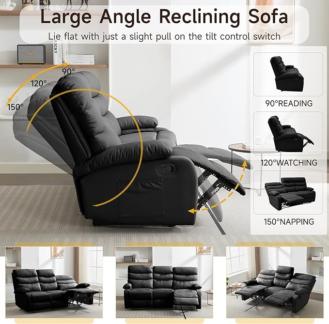 3 Seater Recliner Sofa Set Anti-Scratch Reclining Loveseat Sofa &amp Couch for Living Room RV Home Theater Apartment(Black 3 Seater Sofa)