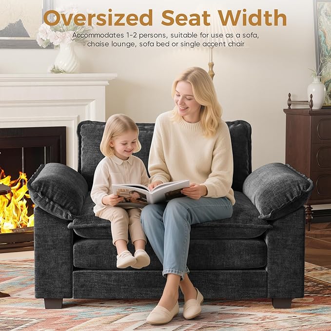 HUSFU Oversized Accent Chair with Ottoman Chenille Cloud Couch Chair with Deep Seat and Extra Wide Armrests Comfy Reading Armchair for Bedroom Living Room Set of 2 Black