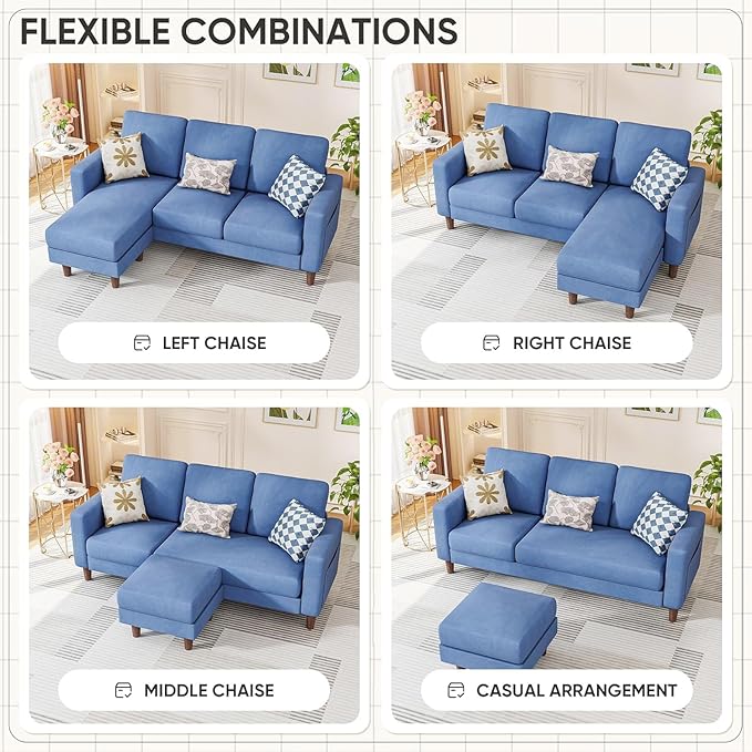 Homall Convertible Sectional Sofa 3 Seat L Shaped Couch with Side Storage Pocket Sofas with Movable Ottoman Small Linen Couches for Living Room &amp Apartment (Linen Fabric Blue)