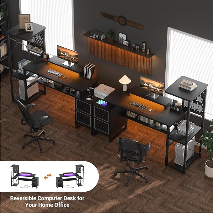 Computer Desk with 2 Fabric Drawers - Reversible Home Office Desk with Power Outlet &amp LED Lights 53 Writing Desk with Monitor Stand &amp Storage Shelves Gaming Desk Study Table with Pegboard