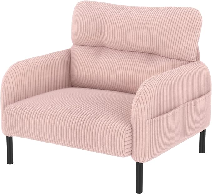 Pink Accent Chair - Corduroy Living Room Chairs with Side Storage Pockets and Durable Legs Comfy Arm Reading Chair with Soft Backrest for Bedroom Balcony Study Room