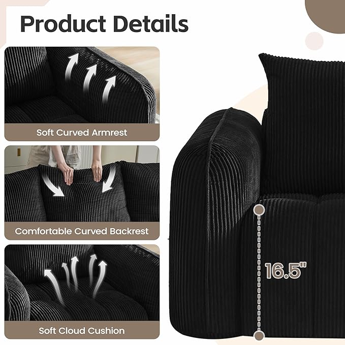 66 Loveseat Sofa Cloud Boneless Couch for Living Room Upholstered Compressed Sofa Deep Seat Corduroy Sofa with 2 Pillows &amp Armrests for Small Spaces for Bedroom Apartment Office Black