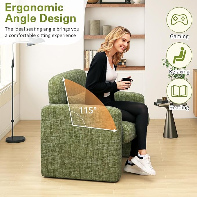LSSPAID Modern Accent Chairs Chenille Fabric Armchairs for Living Room Comfy Upholstered Leisure Single Sofa Chair with Lumbar Pillow for Bedroom Balcony Office (Green Set of 1)