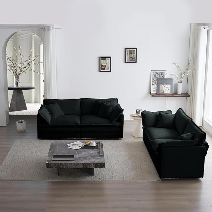 GNIXUU Living Room Furniture Sets 2 Pieces Loveseat Sofa | Modern Chenille Deep Seat 2+2 Seat Black