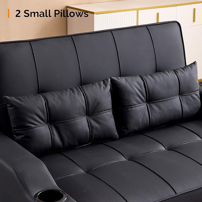 VINGLI Black Futon Sofa Bed Convertible Loveseat Sleeper Couch Faux Leather Pullout Sofa Fold Out Couch Bed with USB Ports Cup Holders Armrest for Living Room Bedroom Apartment Room