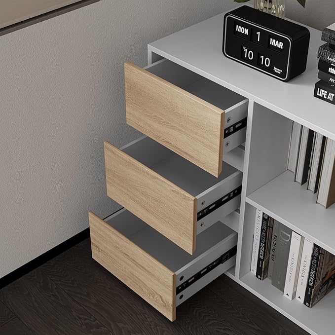 L Shape Computer Desk with 3 Drawers and 2 Shelves Home Office Desk Corner Small Desk with Storage Cabinet for Writing Study Executive – Walnut and White
