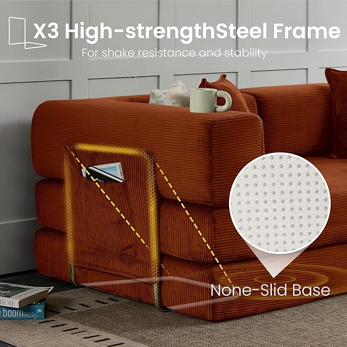 Belhome 78.8 Convertible Sofa Bed Futon Sofa Bed with Side Pocket Corduroy Pull Out Futon Sofa Boneless Couch for Living RoomsNo Assembly Required Orange