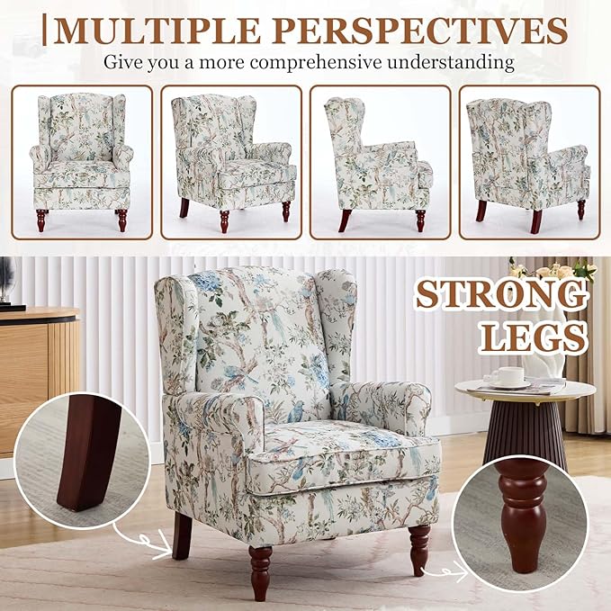 Modern Floral Accent Chair Upholstered Armchair Wingback Chair with Wooden Legs Single Sofa Reading Chair Accent Chairs for Living Room Bedroom Office (Antique Blue)