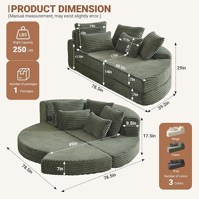 Round Chaise Lounge Chair 2-in-1 Convertible Folding Futon Sofa Bed Corduroy Boneless Cloud Couch Bed Compressed Memory Foam Couch Modular Foldable Floor Sleeper Sofa with 5 Pillows
