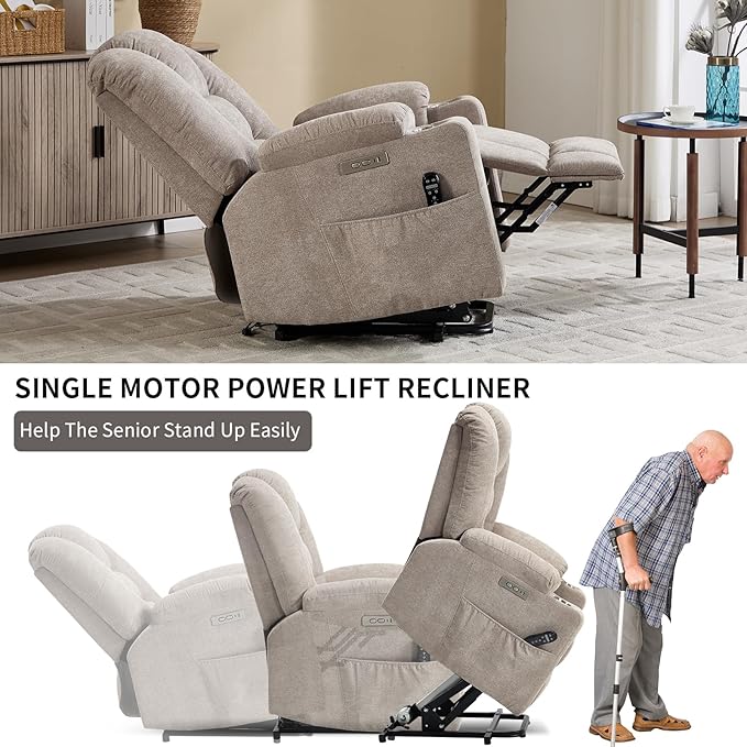 Power Lift Chair with Massage &amp Heat Electric Recliner Chairs for Adults Remote Control Sofa for Living Room Standing Assistance USB Ports Stainless Steel Cup Holders (Khaki)