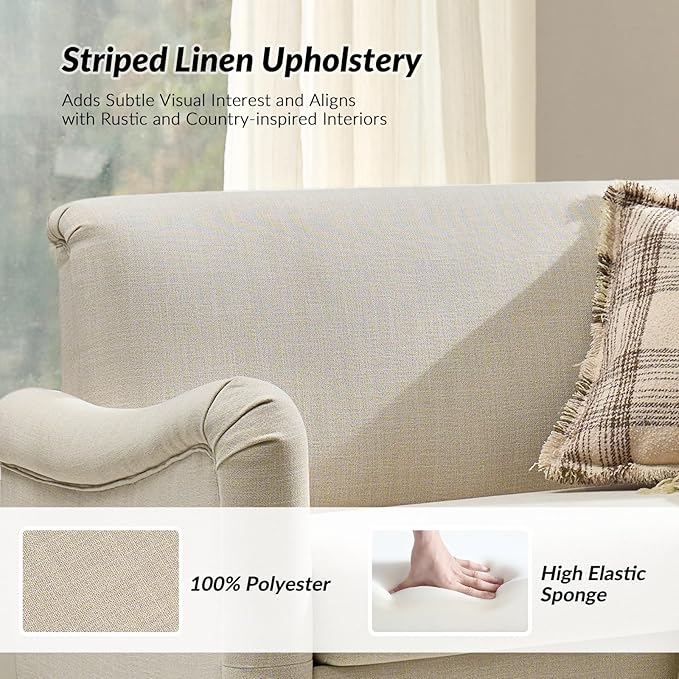 HULALA HOME 50.5 Loveseat Sofa with Solid Wood Spindle Legs 2 Seater Farmhouse Sofa with Rolled Wide Armrests Comfy Upholstered Small Couch for Living Room Bedroom Linen