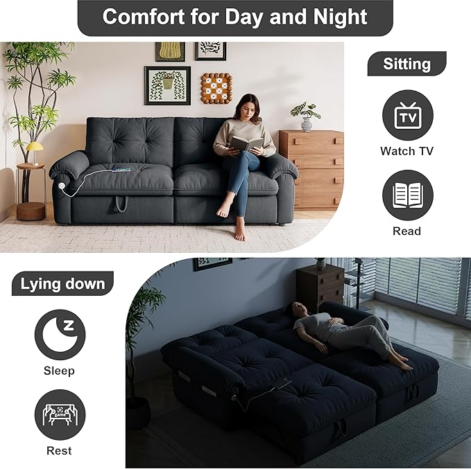 Sleeper Sofa Bed Queen Size Sofa Bed Convertible Pull Out Couch with Adjustable Backrest USB Port and Side Pockets Modern 2 Seater Small Couches for Living Room Space-Saving