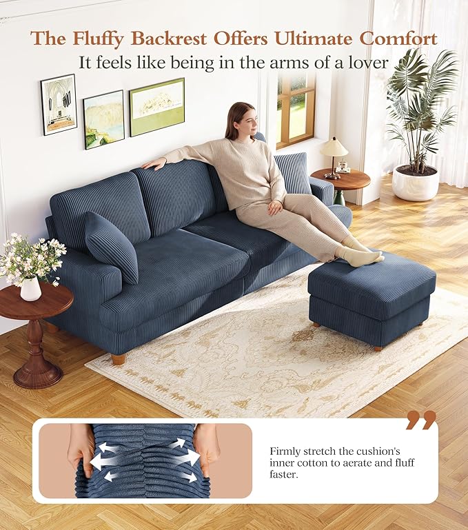 Kidirect 87in L Shaped Couch Modular Sofa No Tool Assembly Comfy Sectional Couches for Living Room 21in Deeper Seats Corduroy Sofas for Living Room with 2 Pillows Loveseat Sofa Set Blue Couch | C