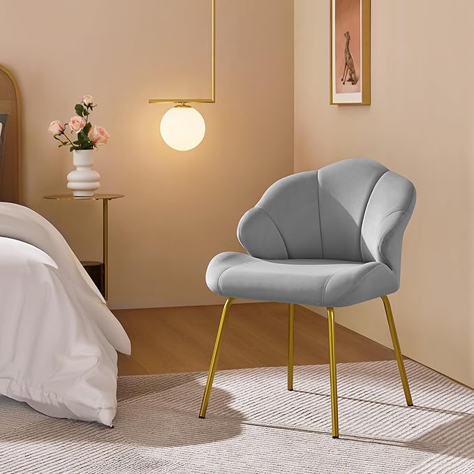Yaheetech Vanity Chair Velvet Accent Chair with Shell-Shaped Backrest Modern Armchair with Gold Metal Legs for Dressing Room/Bedroom/Living Room Light Gray