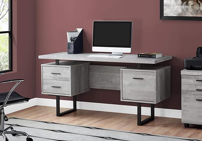 BOWERY HILL Computer Desk 60 in Gray Reclaimed Wood-Look Finish 3 Storage Drawers Thick Floating Panel Desktop Black Metal U-Shaped Legs Reversible Design Home Office Laptop Writing Desk