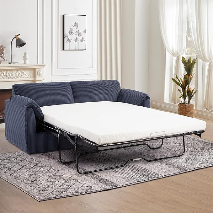 Pull Out Sofa Bed Corduroy Queen Sleeper Sofa Couch with Foam Mattress Large Sleeper Pullout Couch Bed for Living Room Office Queen Size (Blue)