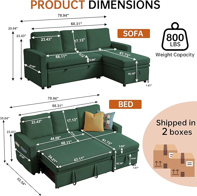 79 Sleeper Sofa Bed 3-in-1 Convertible Sofa Pull Out Couch with Storage | Reversible Chaise | L Shaped | Layered Storage | 3-Seater Comfy Sectional Couch Pullout Bed for Living Room