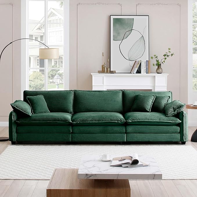 115.34 Modular Sectional Couch 3 Seat Extra Deep Corduroy Sofa with 2 Arm Pillows and 3 Throw Pillows Modern Upholstered Comfy Couches for Living Room Bedroom Office Apartment Green