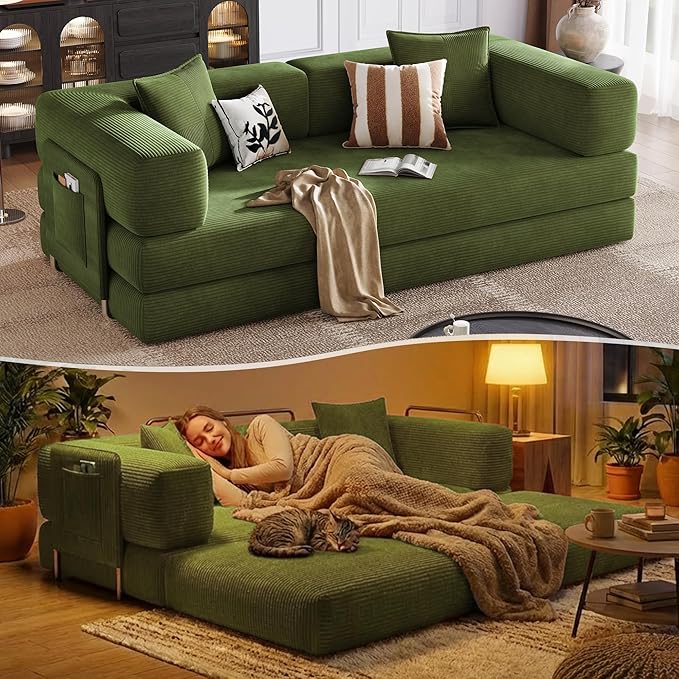 78.8 Boneless Sleeper Sofa BedConvertible Futon Couch with Storage Pocket and 2 PillowsModular Corduroy Sofa for livingroomSmall speaceGreen