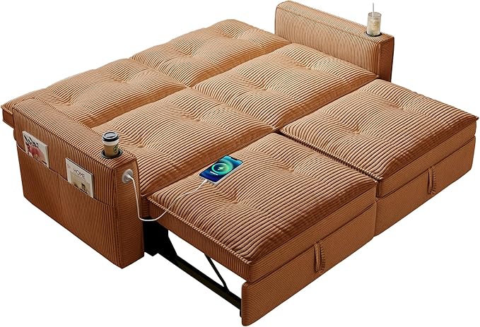KEIKI Convertible Sofa Bed 3 in 1 Pull Out Couch 73 Pull Out Sofa Bed with Side Pocket for Living Room Bedroom Small Space Orange