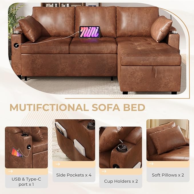 Leather Sleeper Sofa Couch with Pullout Bed 80'' Sofa Bed Pull Out Couch with Reversible Storage Chaise Sectional Couches with USB Charging Ports&ampCup Holders for Living Room Brown