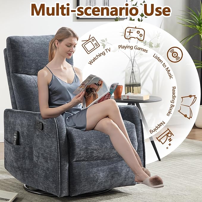 Massage Recliner Chair with Heat Slim Recliners for for Adults Swivel Rocking Chair Recliner with High Back Small Recliner Chair for Small Spaces Living Room Adjustable Footrest (Blue 2)