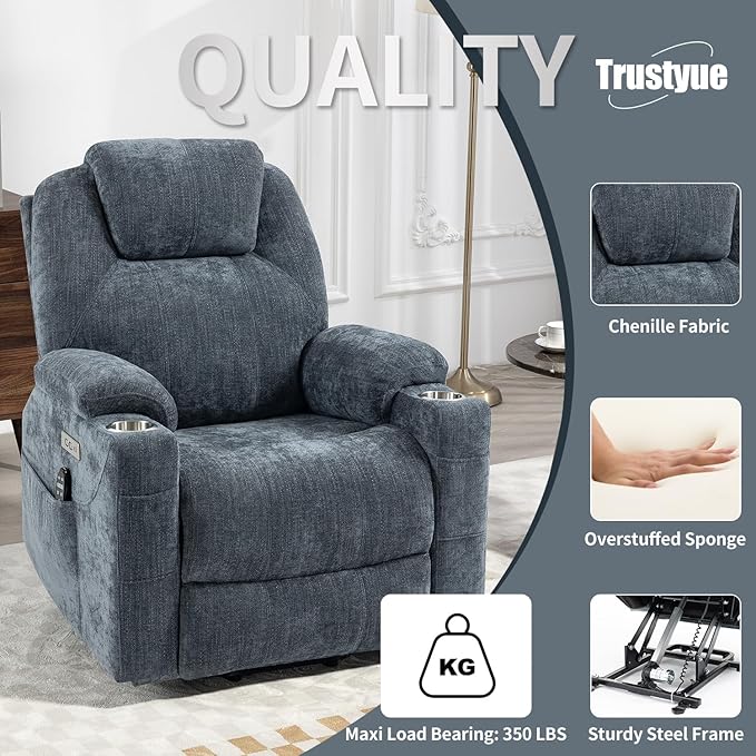 Power Lift Chair with Massage &amp Heat Electric Recliner Chairs for Adults Remote Control Sofa for Living Room Standing Assistance USB Ports Stainless Steel Cup Holders (Chenille Blue)