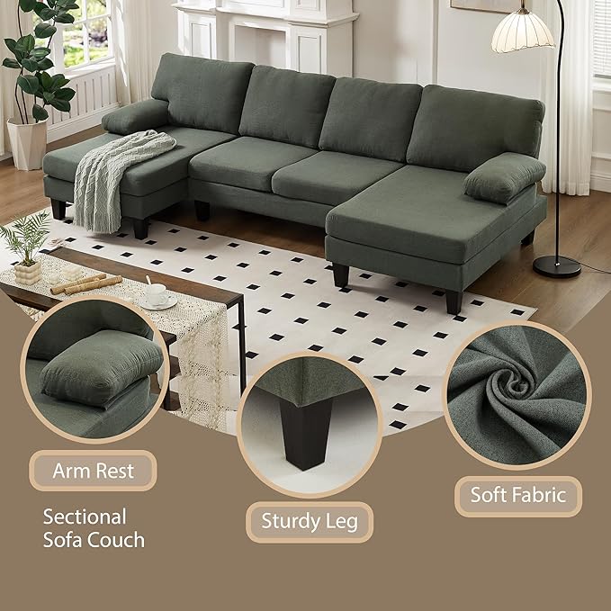 U Shaped Sectional Couches for Living Room 106.3 Modular Sofa with Double Chaises 4-Seater Sofa with Memory Foam Cushions Comfy Sectional Couches for Apartment Reception Room Green