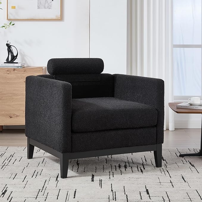 35.4 Modern Boucle Accent Chair with Deep Seat Oversized Wooden Upholstered Armchair Single Sofa Lounge Reading Chairs Large Accent Chair for Living Room/Bedroom/Office (Black &amp Style 2)