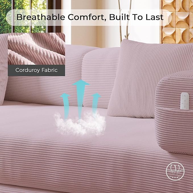 5-in-1 Folding Convertible Sofa Bed Loveseat Sleeper with Pull-Out Bed Floor Sofa Modular Futon Couch 79 Oversized Corduroy Upholstered Boneless Couch for Living Room Bedroom Lounge Pink-A