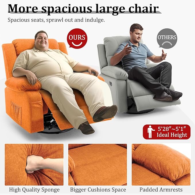 Recliner Chair Wide Rocker Chair Rocking Chair with Massage and Heat360°Swivel Nursery Rocking Chairs Oversized Recliner for Adults Cashmere Reclining Sofa for Living Room Orange