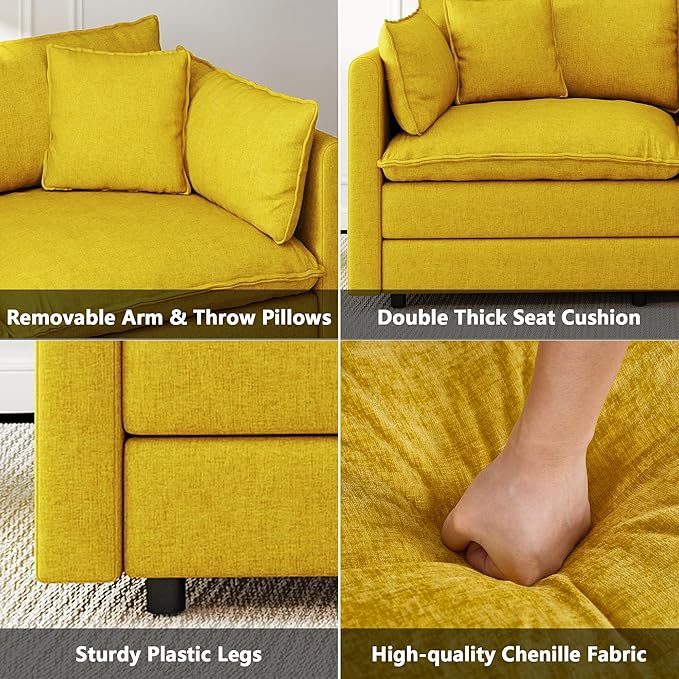 Aoowow Modular Sectional Sofa Modern Convertible L Shaped Couch111.5 Inch Deep 3-Seater Sofas Set Comfy Chenille Cloud Sofas and Couches with Movable Ottoman for Living Room Apartment（Yellow）