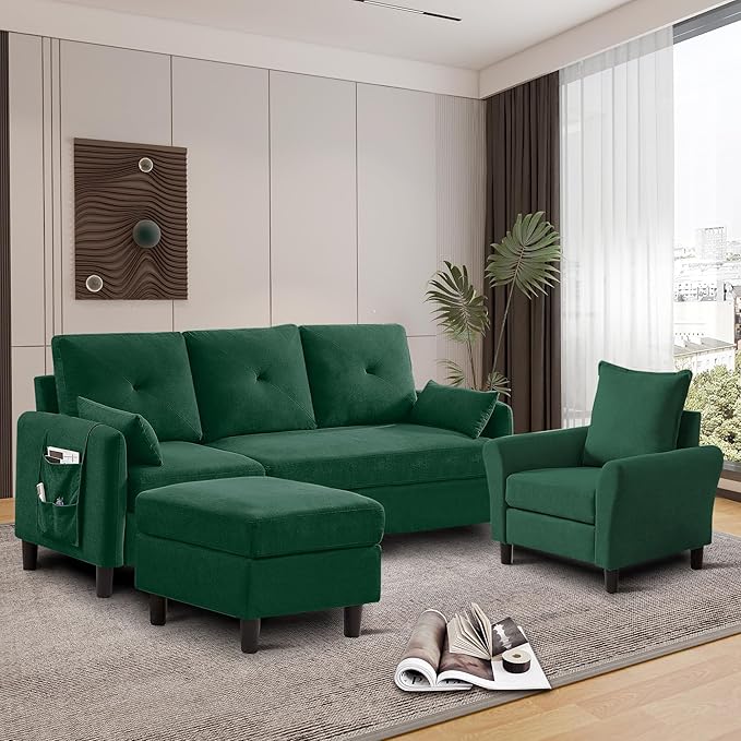 Convertible Sectional Sofa 77 Small L Shaped 3 Seat Couch with Reversible Storage Chaise and Accent Chair Set Modern Polyester Fabric Sofa Couches for Living Room Apartment Green