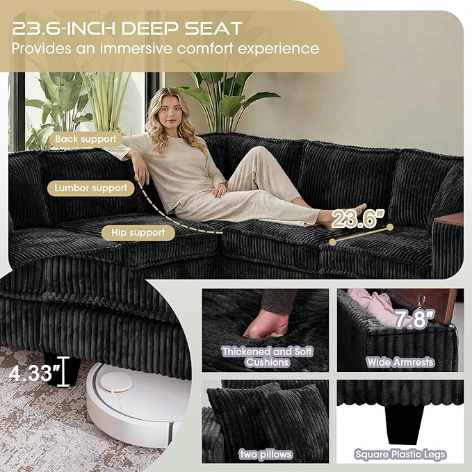 97 Inches Corduroy Couch with 2 Pillows Deep Seat Sectional Sofa Armrests with Two Hidden Storage Space Corner Couch Oversized L Shaped Cloud Couches for Living Room Black
