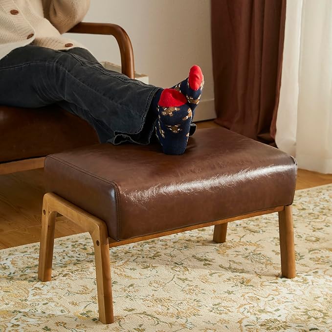 Glitzhome Rectangle Ottoman Bench Modern Coffee Leatherette Footstool with Walnut Rubberwood Legs for Living Room Bedroom