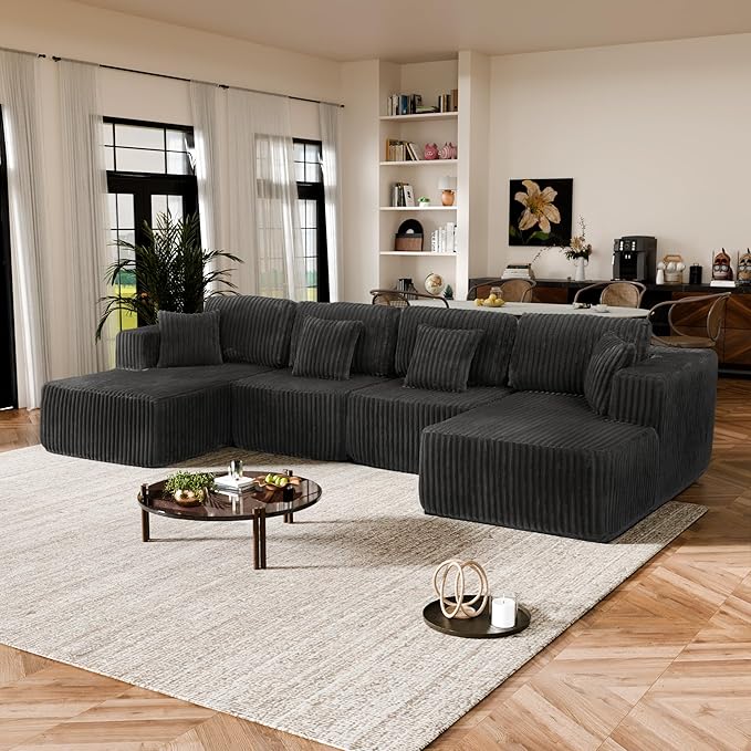 132 U Shaped Sectional Couch Large Modular Cloud Couches with Double Chaise Lounge Comfy Corduroy Cloud Sofa with Pillows Boneless Couches for Living Room Grey