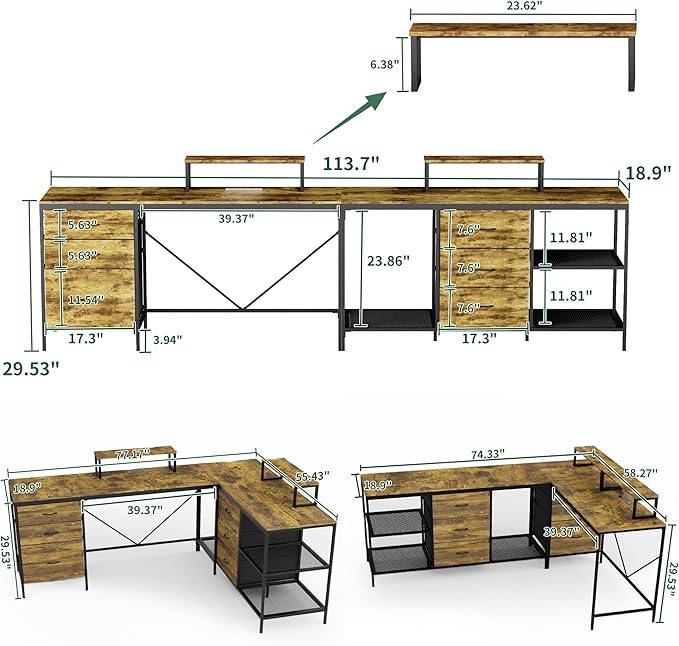 114 L-Shaped Desk with Power Hub 6 Drawers Removable Monitor Stand Industrial Gaming Desk Rustic Brown Home Office