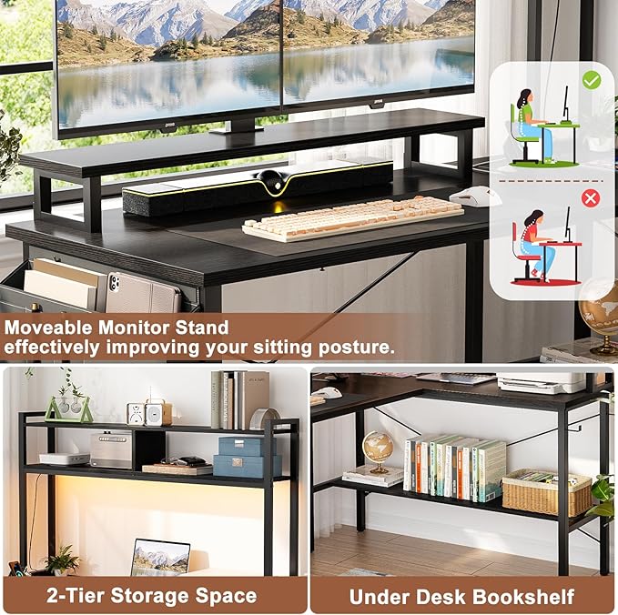Aheaplus L Shaped Gaming Desk with Power Outlets &amp LED Lights Small L- Shaped Desk Computer Corner Desk with Monitor Stand &amp Storage Shelf Home Office Desk Writing Desk with Storage Bag Bla