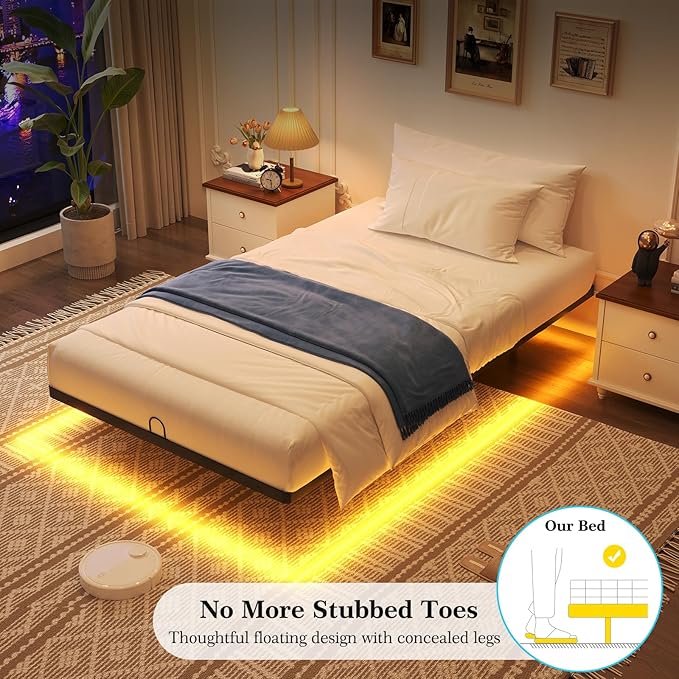 Floating Bed Frame Twin Size Twin Bed Frame with Smart LED Lights Heavy Duty Modern Metal Platform Bed No Box Spring Needed - Easy Assembly and Noise Free