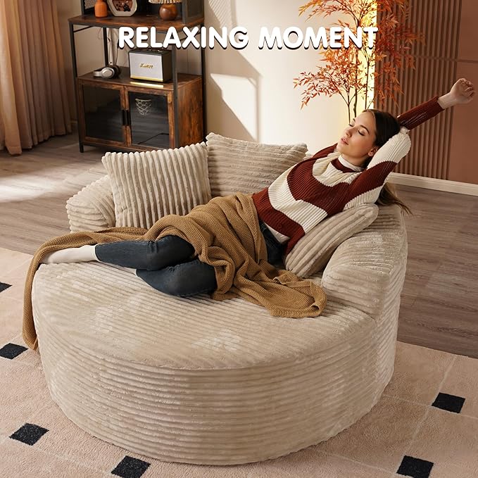 ovios 58 Oversized Round Chair Lounge Chaise Indoor No Assembly Required Cloud Large Circle Chair with Plush Fuax Fur Fluffy Modern Sleeper Sofa Bed for Reading Yoga Beige (Plush Corduroy Fabric)
