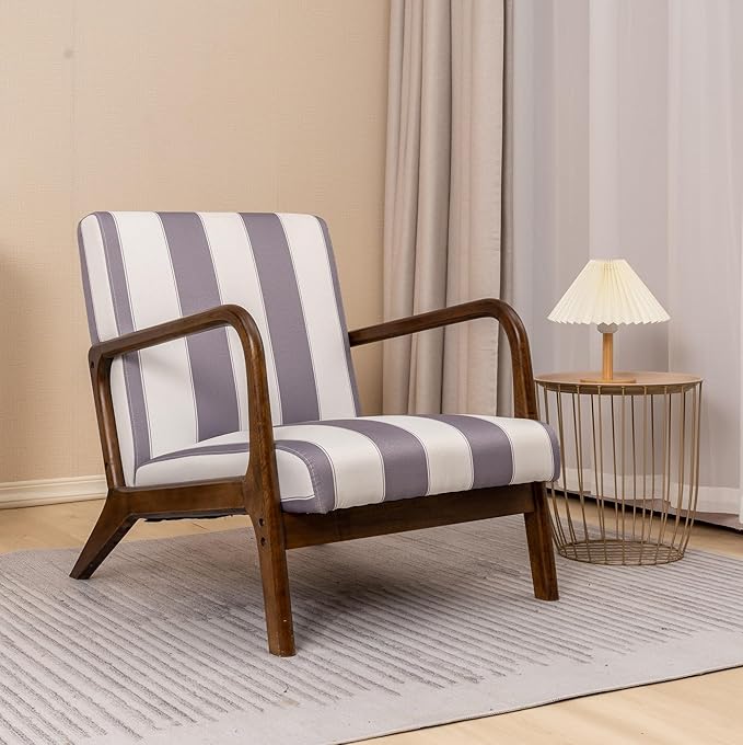 Cotton Accent Chair Mid-Century Modern Living Room Armchair with Nailhead Trim &amp Wood Legs Comfy Upholstered Single Sofa Modern Accent Chair Single Wood Frame Living Room Armchair Stripped Gray Wh