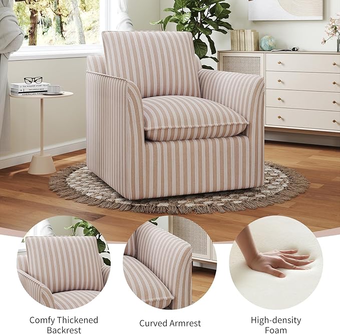 INZOY Swivel Accent Square Chair with Thick Padded Backrest Cushion Swivel Reading Chair for Living Room Bedroom Small Spaces Brown Stripe