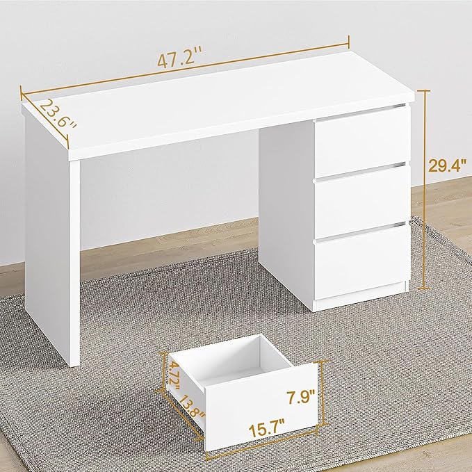 furtble White Desk with Drawers 47'' W Home Office Computer Desk Gaming Table Modern Vanity Desk with Storage Wood Writing Workstation for Bedroom Living Room