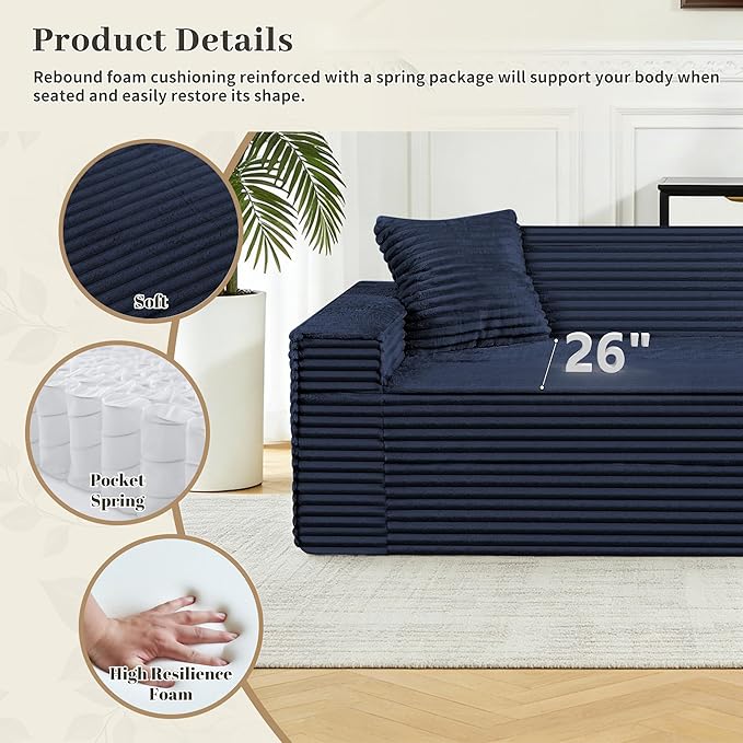 75 Cloud Loveseat Sofa 26 Deep Seat Boneless Couches for Living Room Modern 3 Seater Sofa with Throw Pillows Corduroy Compression Sofa in Box No Assembly Couch for Bedroom Dorm Dark Blue