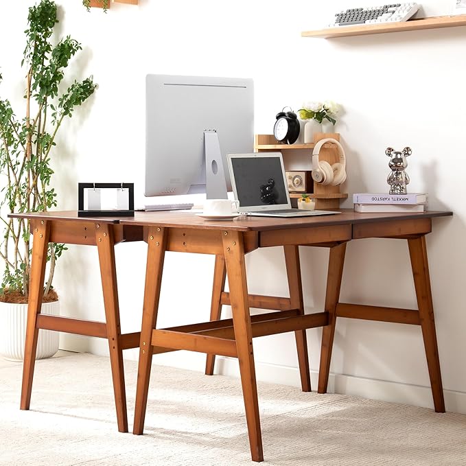 Nnewvante Desk Bamboo Table with 2 Drawers Simple Modern Furniture for Home Office Computer Writing Study Makeup &amp Workstation (46''-Brown)