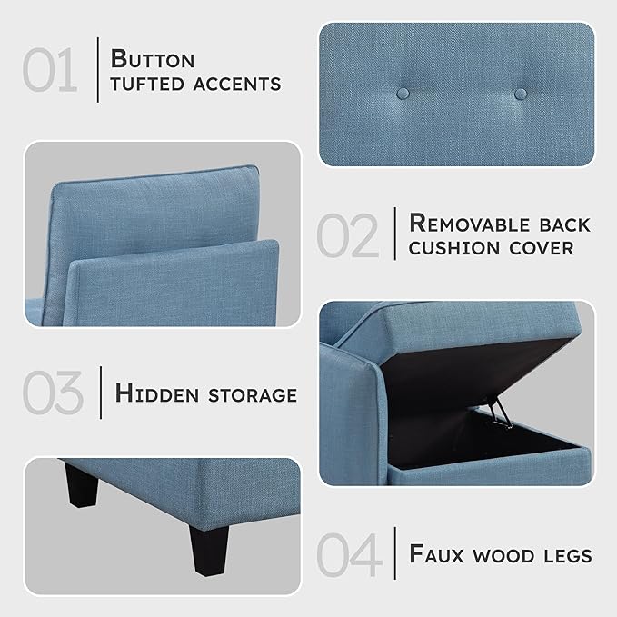 Lexicon Modern Couch with Hidden Storage Textured Fabric Modular Sofa Couch with Button-Tufted Design Reversible Back Cushion for Living Room/Bedroom/Office Blue