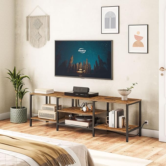 HOOBRO TV Stand with Power Outlets to 75 Inches TV Console Table with Open Storage Shelves Cabinet Industrial Media Entertainment Center for Living Room Bedroom Rustic Brown and Black BF80DS01