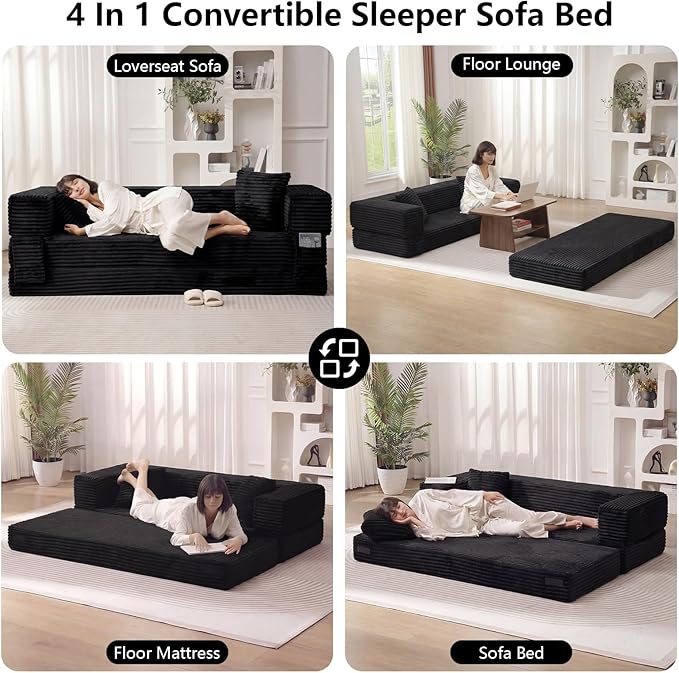 GNIXUU 78.7 Boneless Convertible Sleeper Sofa Bed 4-in-1 Folding Corduroy Futon Couch Bed Oversized Loveseat Modular Floor Mattress Couch for Living Room Bedroom Lounge No Assembly Black