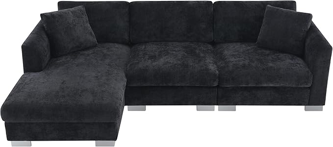 WILLIAMSPACE 96 Cloud Sectional Sofa Couch for Living Room Modern Upholstered L-Shape Sofa 3 Seater Couch with Oversized Chaise Contemporary Corner Sofa for Apartment Chenille (Left-FacingBlack)