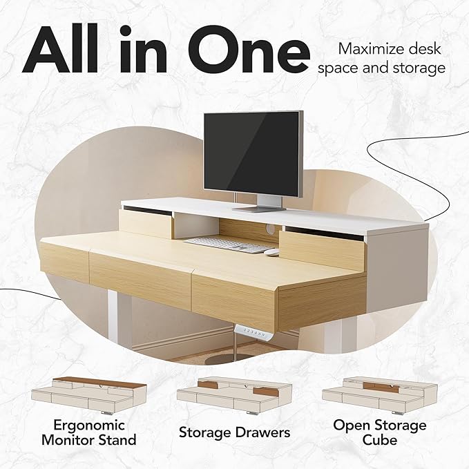 HUANUO Standing Desk with Drawers 48 Inches Electric Height Adjustable Desk with Storage Whole-Piece Board Sit Stand Up Desk with Monitor Shelf Light Walnut